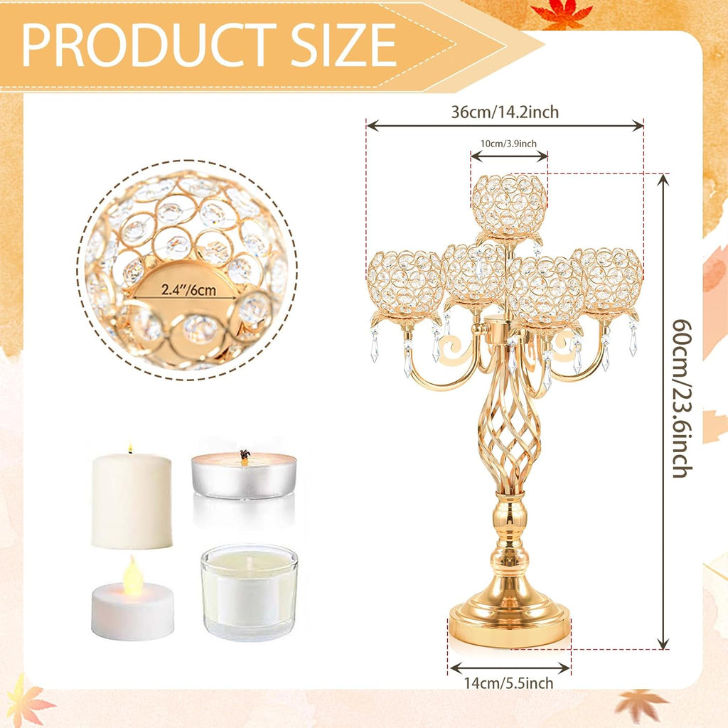 5-Arm Crystal Candelabra Centerpiece 23.2" Tall - Elegant Candle Holder Stand with Crystal Bowl, Chic Table Decor for