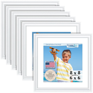 8x8 Picture Frames with 6x6 Mat, White, 6 Pack, Contemporary, Inspirations