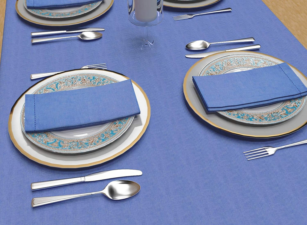 Table Cloth, Country Blue Chambray, 100% Cotton Hemstitch Border Embroidery Rectangular Table Cover,