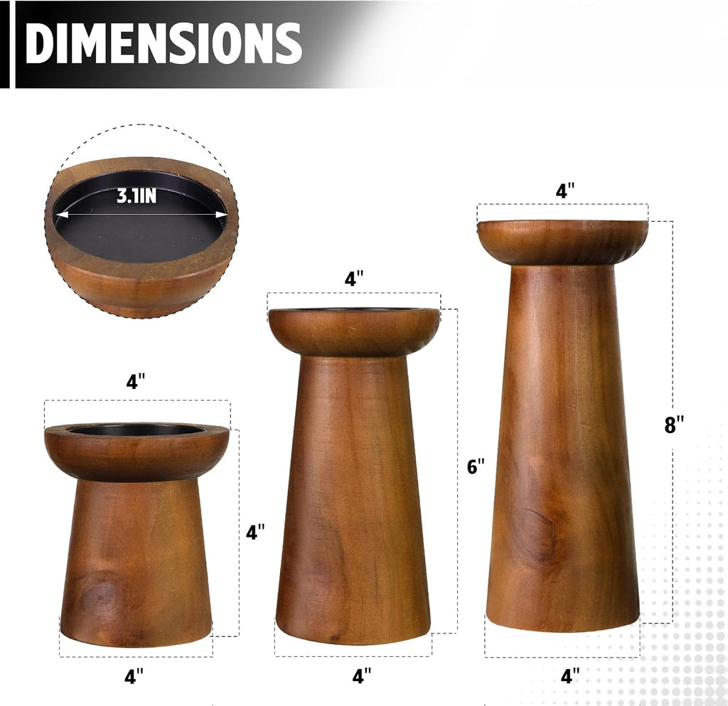 Pillar Candle Holders Set of 3, Wooden Candle Holders, Decorative Wood Candlestick Holders , Table Centerpiece for
