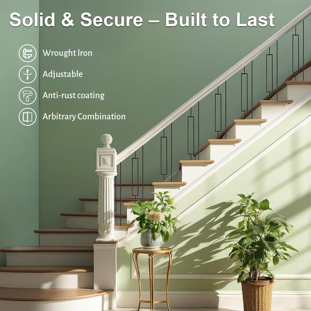 10 Pack Wrought Iron Railing, 44" x 1/2" Rectangular Hollow Staircase Baluster, Black Stair Spindles Balusters for