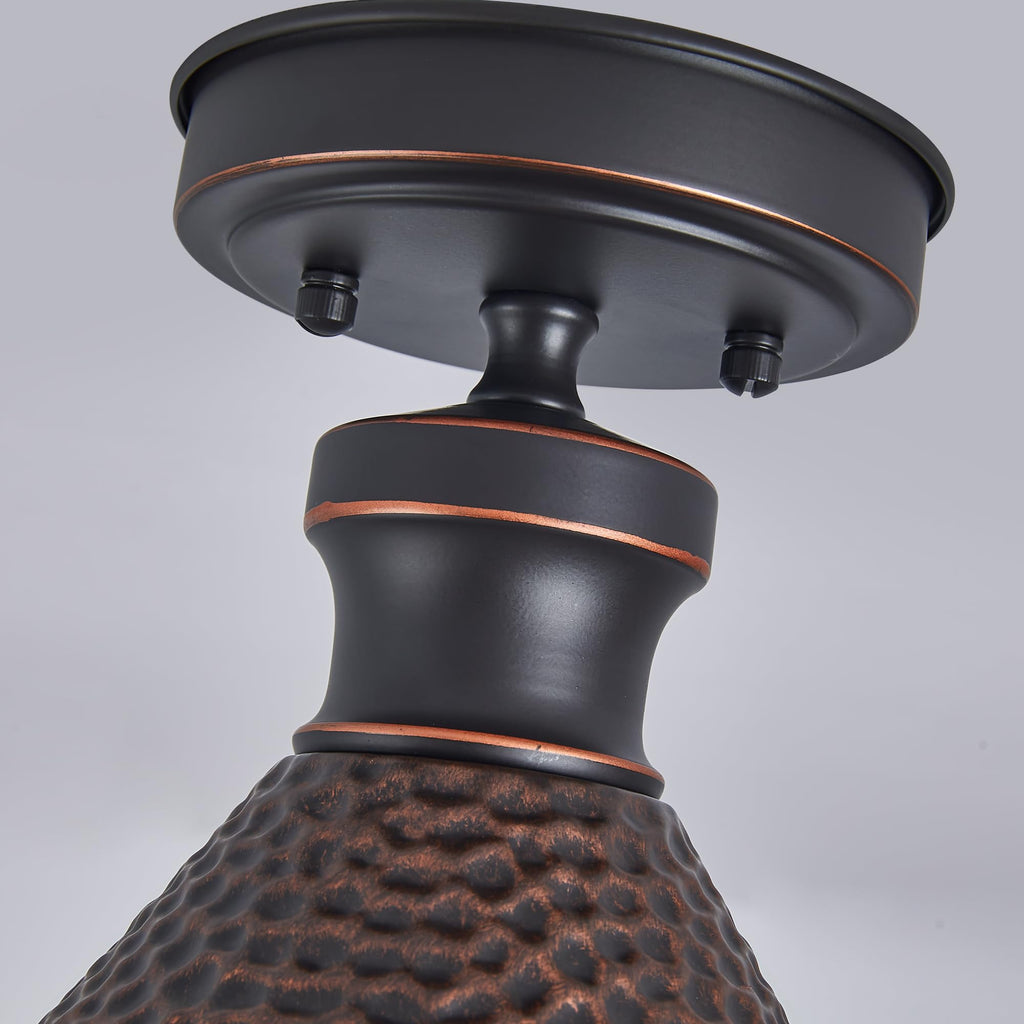 9.2" Industrial Semi Flush Mount Ceiling Light, Vintage Hammered Pattern Cast Aluminum Shade, 1-Light E26 Classic