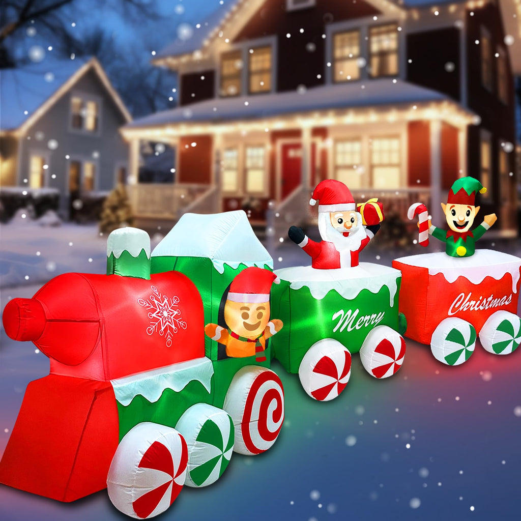 Extra Long 12 Ft Christmas Inflatables Train with Santa Claus Gingerbread Man Elf Blow Up Inflatable Outdoor
