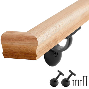 6010 Red Oak Handrail Kit 5 ft with Wall Returns and Wall Mount Brackets Indoor Wood Stairs Handrails Included Screws