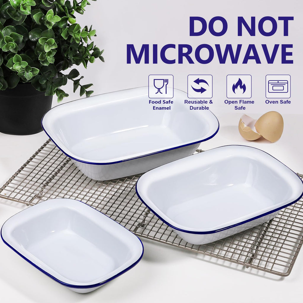 Enamelware Roasting Pan 3 Pack Enameled Steel Oblong Pie Pan Pie Dish Roaster Pan Food Containers, Solid White with