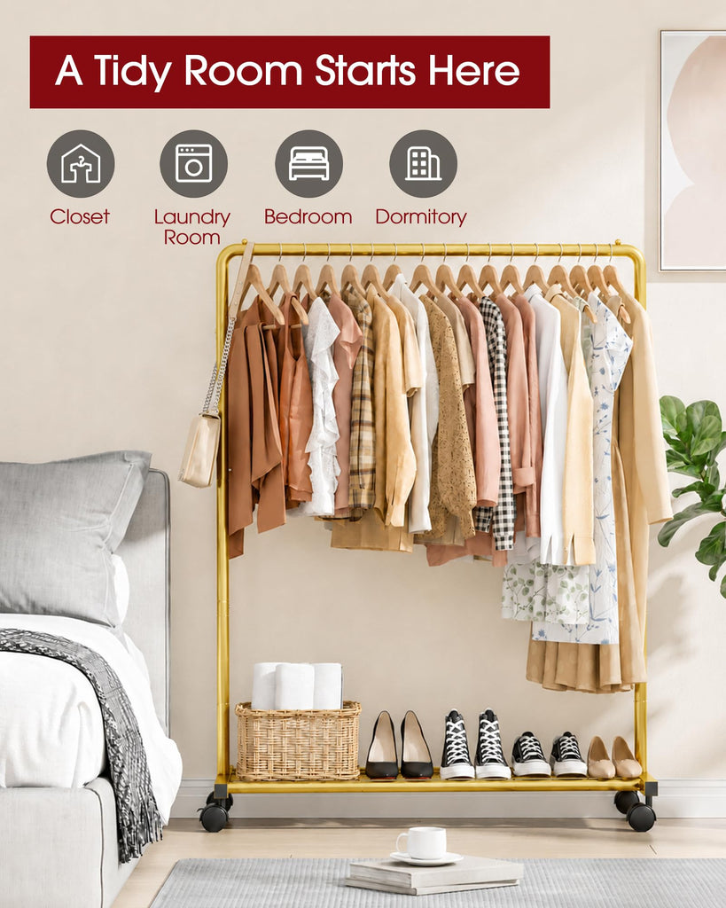 Clothes Rack - Clothing Rack with Storage Mesh Shelf & Casters, Heavy-Duty Clothing Rack for Hanging Clothes
