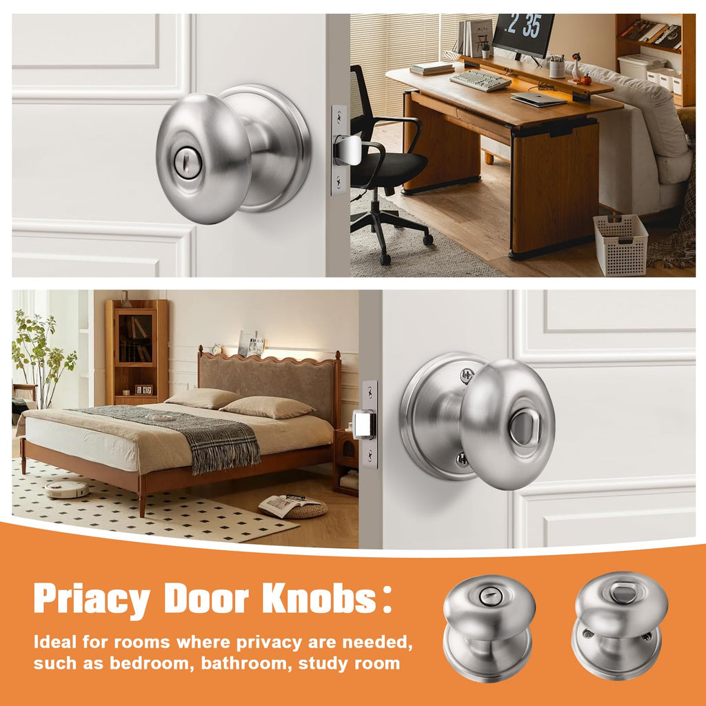 8 Pack Oval Privacy Door Knobs Interior Satin Nickel Door Knobs Bedroom Keyless Egg Shaped Door Knobs and Handles