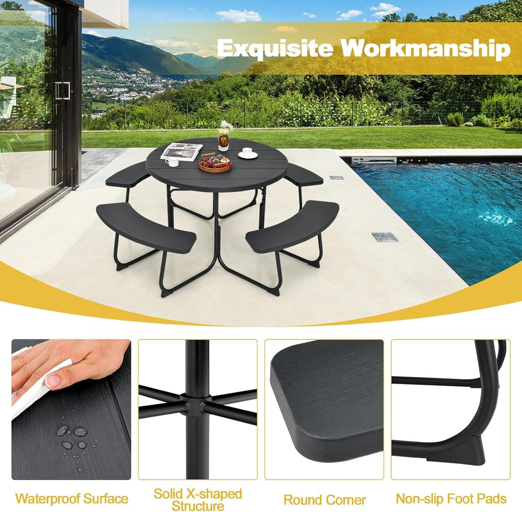Round Picnic Table for Outdoors, 8 Person Outdoor Picnic Tables & Benches Set with Umbrella Hole, HDPE Tabletop &
