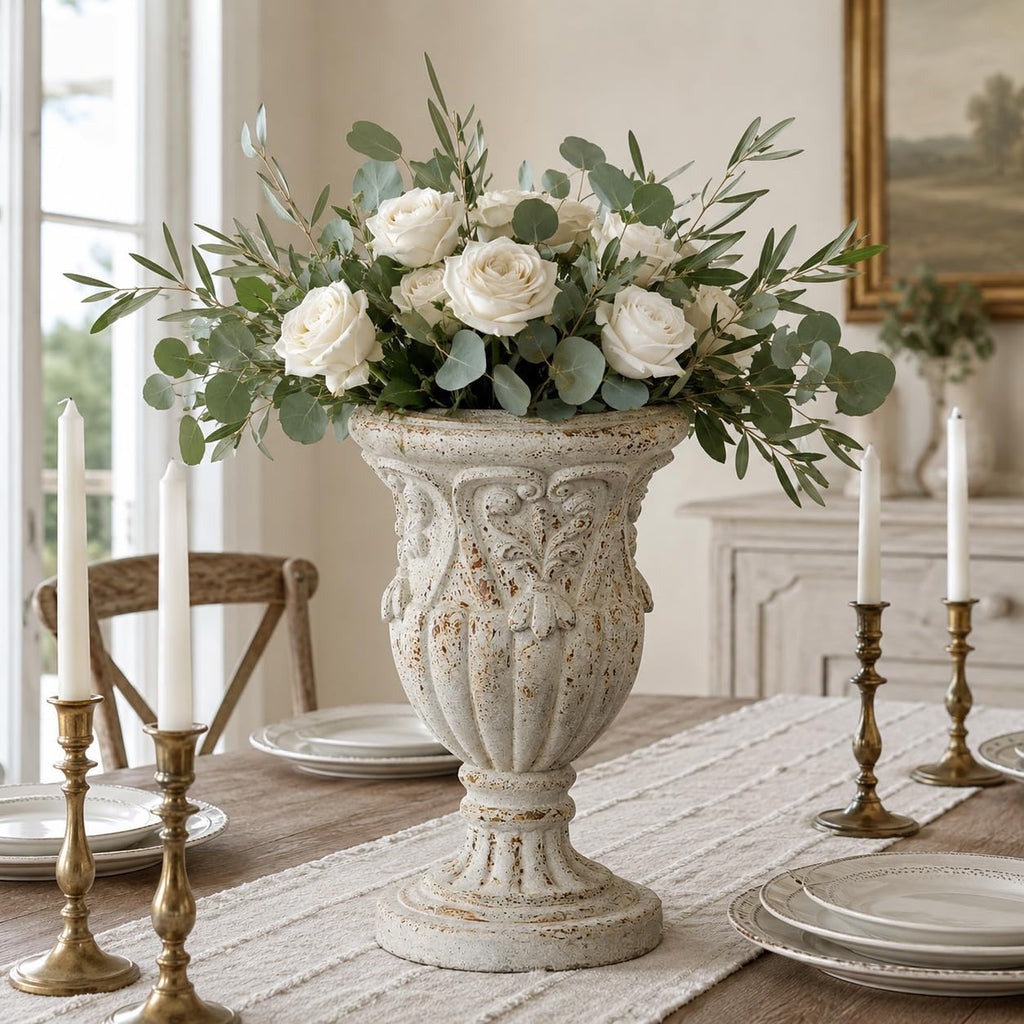 Vintage Urn Planter, 11.6" Tall Magnesium Oxide Pedestal Flower Vase, Lightweight Roman Decorative Planter for Indoor