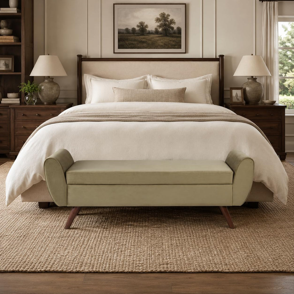 60" Modern Storage Bench with Wood Legs - Light Sage Green Velvet