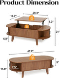 Oval Lift Top Coffee Table with Storage, 47.2" Mid Century Modern Living Room Center Table with 180° Sliding Tambour