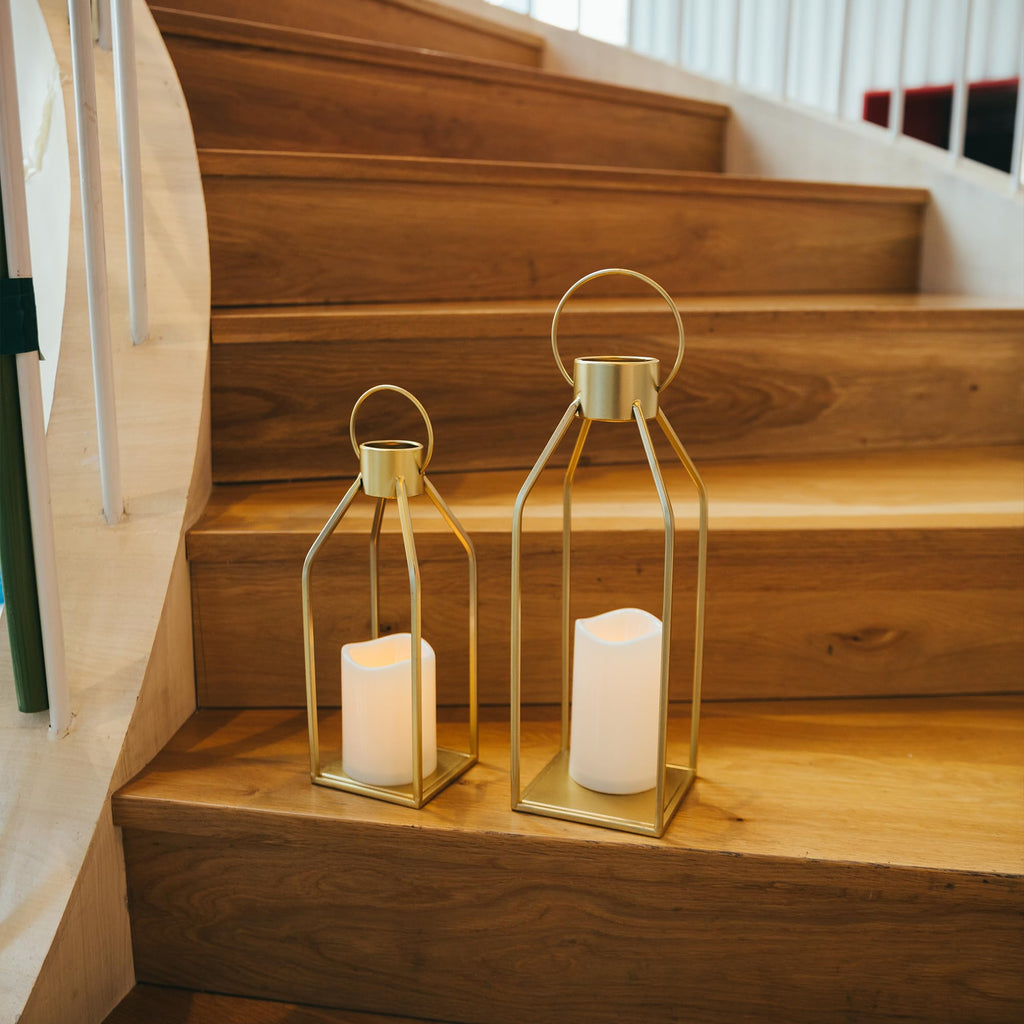 Modern Farmhouse Lantern Decor- Gold Metal Candle Lanterns for Christmas- Lanterns Decorative w/Timer Flickering