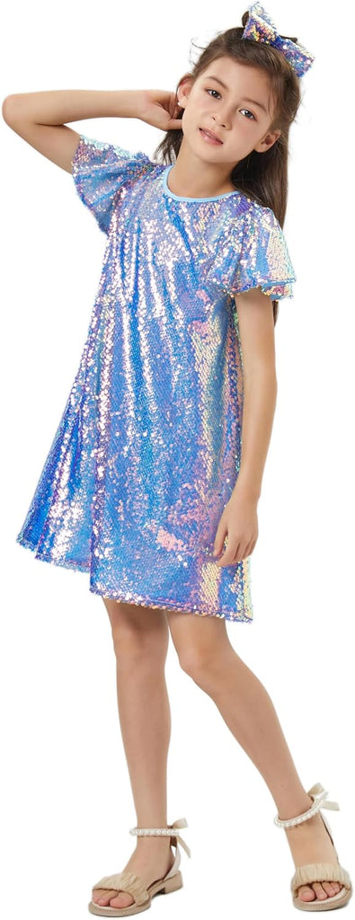 Sequin Dress Shiny Short Flutter Sleeve Midi Sparkly Party Dress with Hairbow