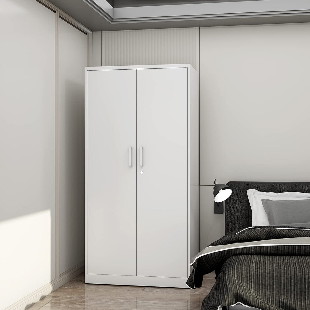White Wardrobe Cabinet with Lock and Hanging Rod, 72" Armoire Closet with Shelf, Lockable Storage Locker, Metal Storage