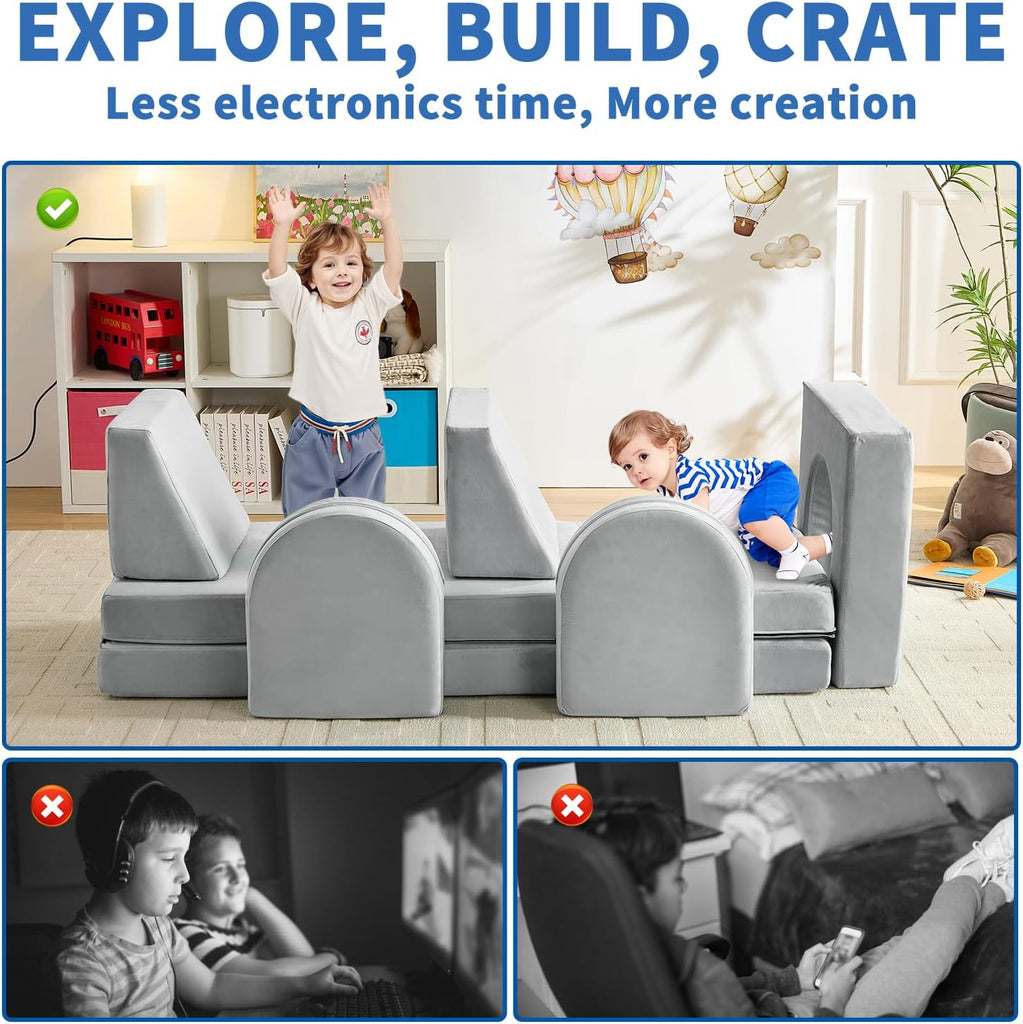 Kids Couch 10PCS, Modular Kids Play Couch for Playroom Bedroom, 10 in 1 Multifunctional Kid Sofa for Playing