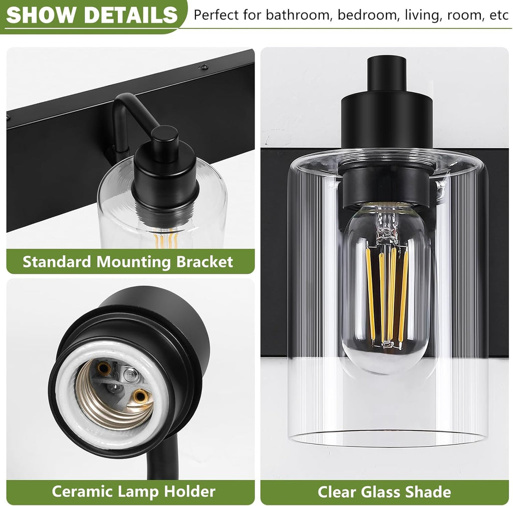 Bathroom Vanity Light, Modern Matte Black 4-Light Bathroom Lights Over Mirror with Clear Glass Shade,Wall Sconces