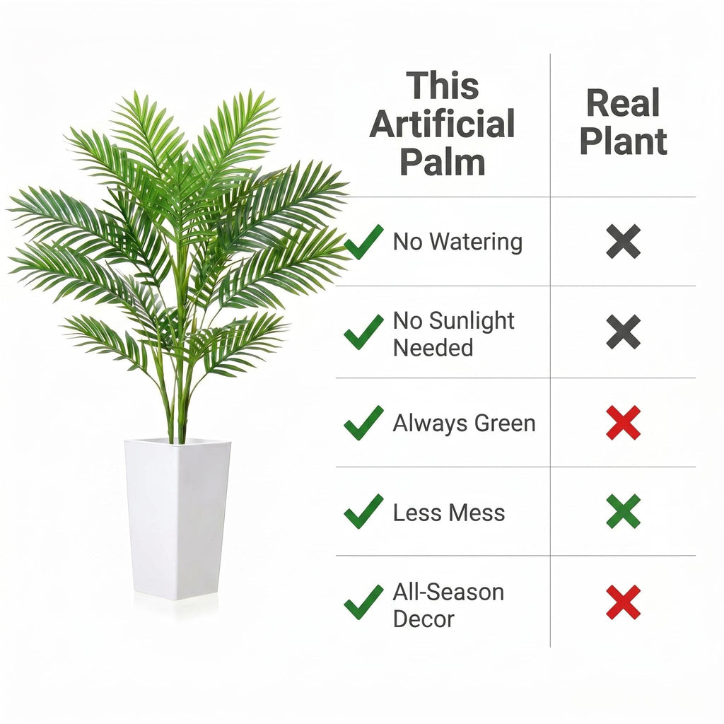 4.2FT Artificial Palm Tree, Tall Faux Tropical Areca Plants with White Tall Planter, Fake Potted Tree with Lifelike