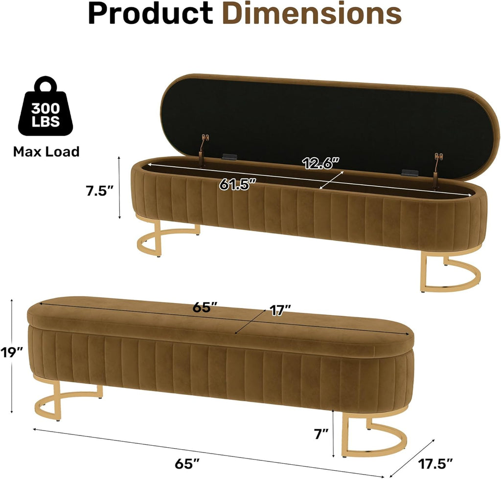 65" Velvet Storage Ottoman Bench End of Bed Entryway Coffee | Velvet Large Storage Solid Wood with Metal Leg 300 lbs