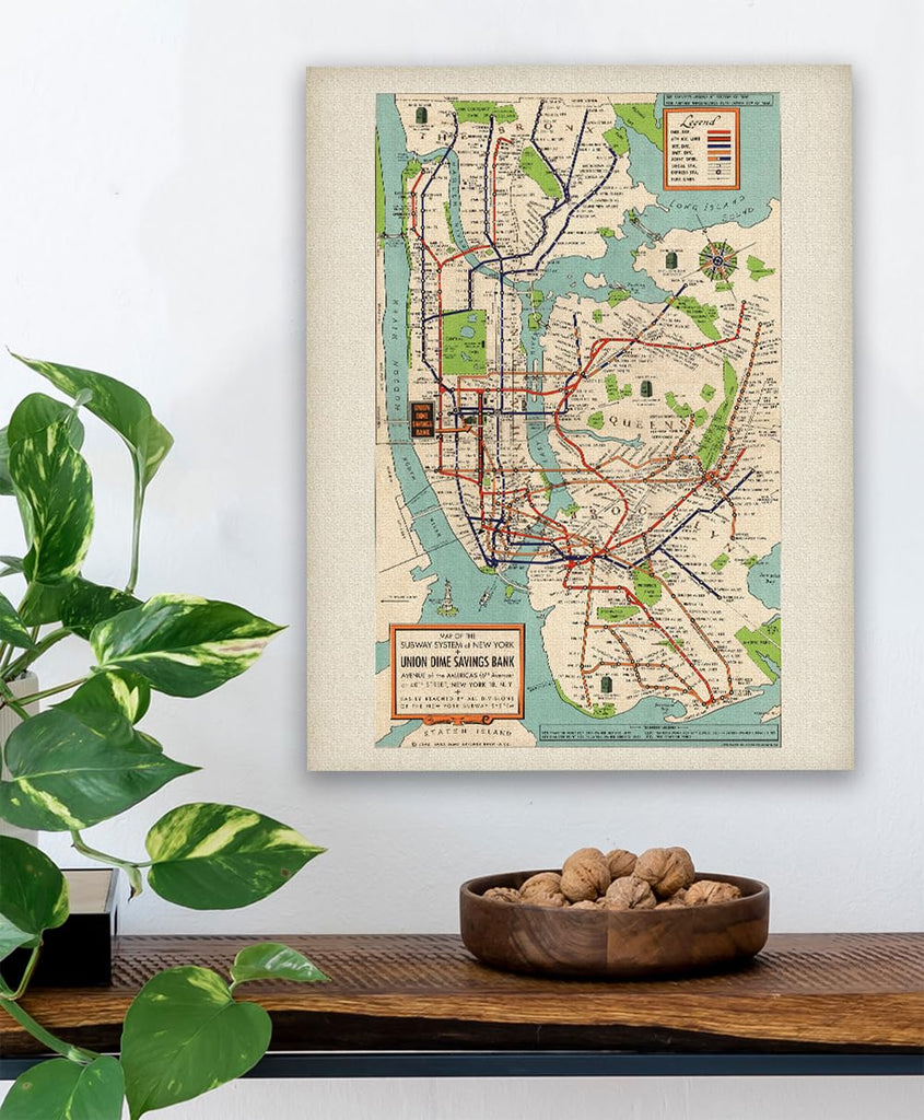 Vintage 1948 New York Subway Map 18x24 Stretched Canvas Poster - Classic NYC Transit Map Reproduction, Retro 1940s