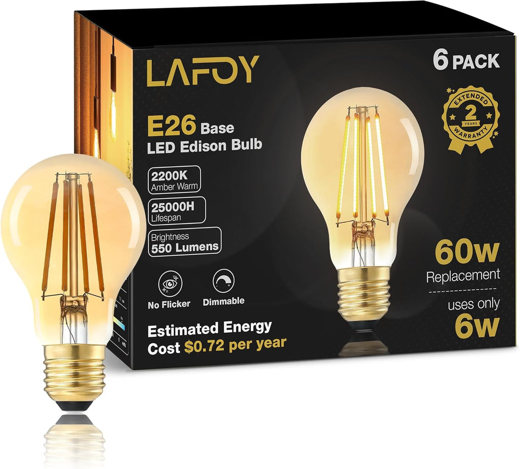 A19 E26 Amber Light Bulbs 2200K Soft Warm, Vintage LED Edison Bulbs 60 Watt Equivalent, Dimmable Antique Old