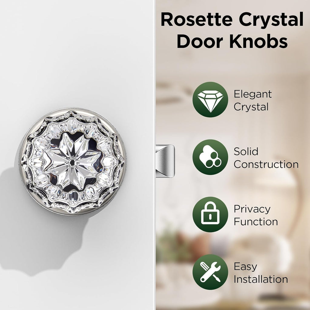 1 Pack Crystal Door Knob, Rosette Shaped Glass Door Knobs Interior with Lock, Satin Nickel Door Knobs Interior Glass