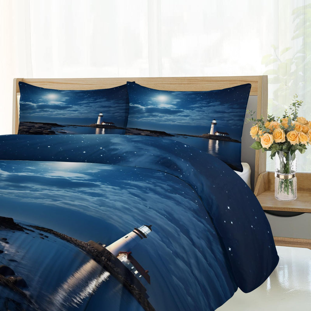 Lighthouse Bedding Set, Night View Bedding Rocky Beach Duvet Cover Microfiber Comfy Comter Cover with 2