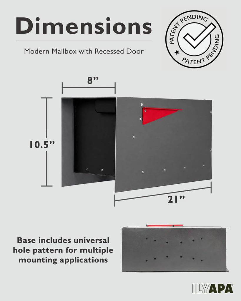 Modern Mailbox Post Mount - 21x8x10 Gray with Black Door Powder Coated Steel, Waterproof Letter Box for Parcels