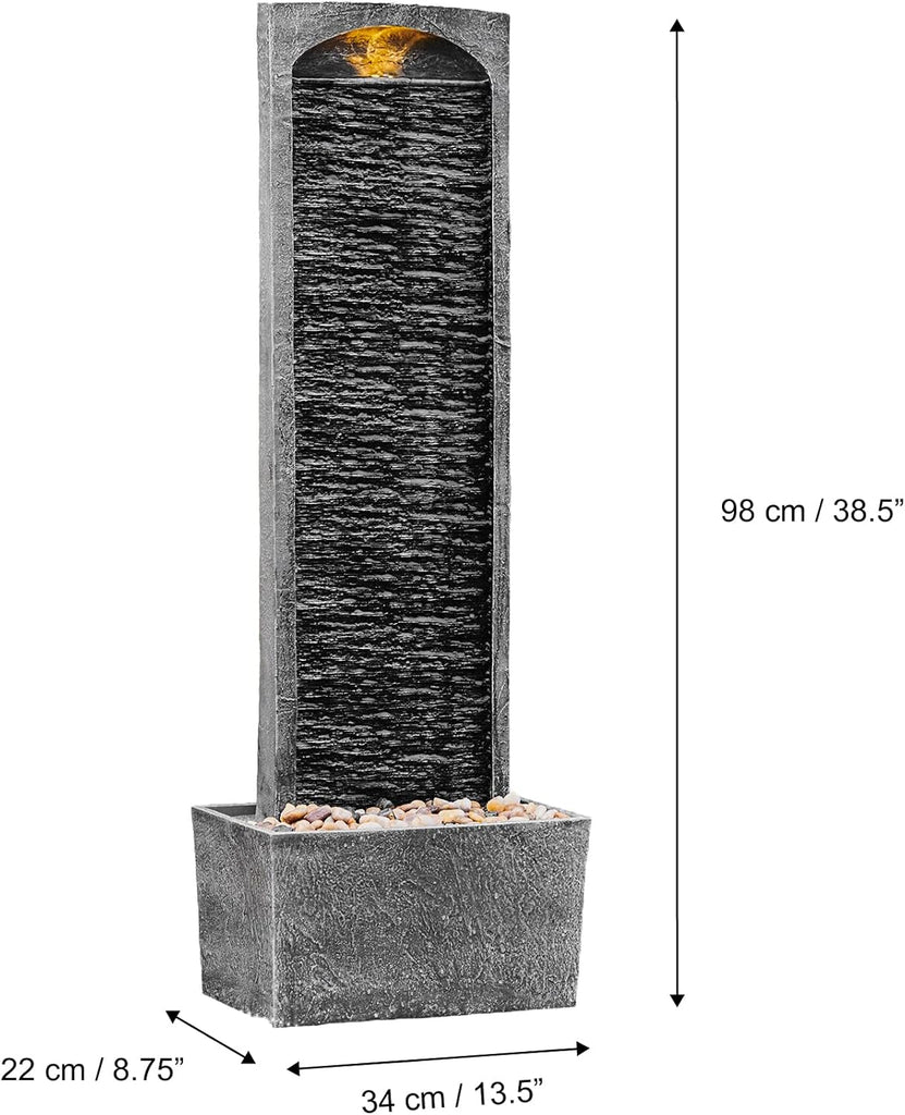 38.5" Faux Slate Contemporary Outdoor LED Waterfall Fountain with Pebble Base, Gray/Black