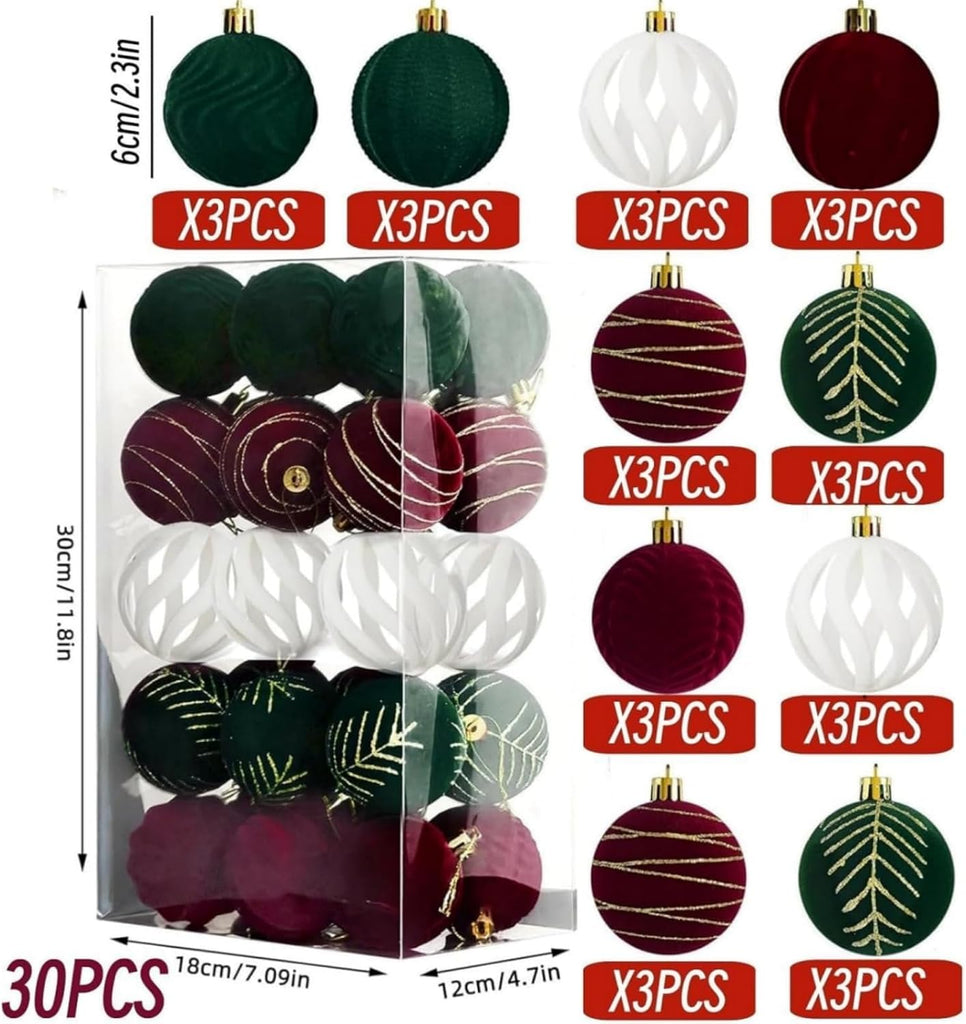 Velvet Christmas Ball Ornaments, Christmas Tree Ornaments Set 2.36in - Set of 30
