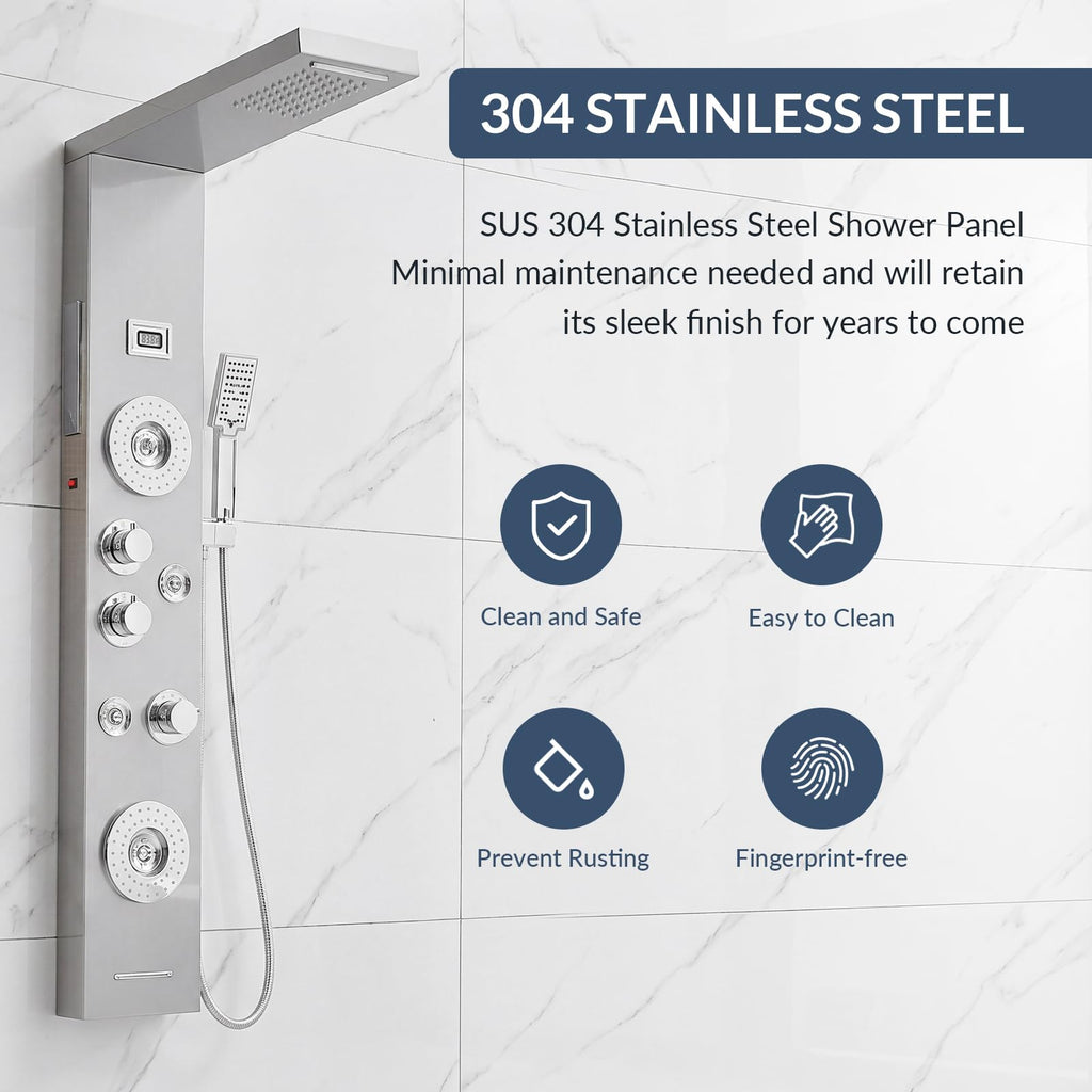 Nickel and Chrome 6 in 1 Shower Panel Tower System Rainfall Shower Panel