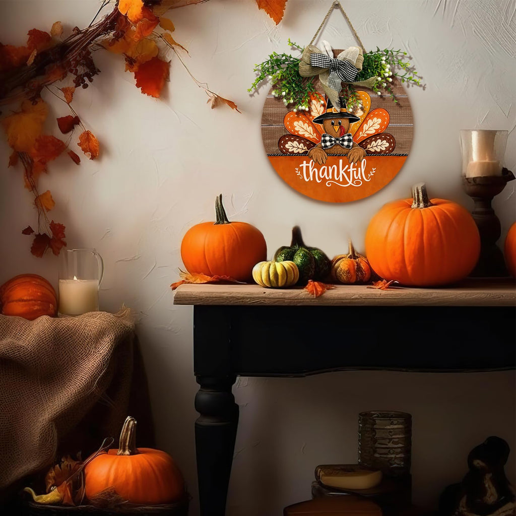 Thanksgiving Thankful Turkey Door Sign for Front Porch Farmhouse Round Wood Hanging Sign with Wreath and Bow Greenery