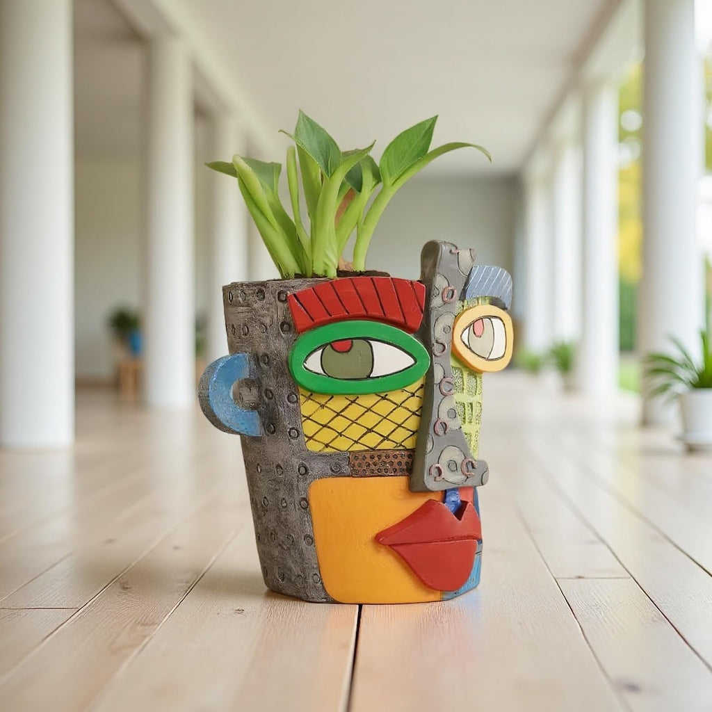 Picasso Abstract Face Flower Pot, Unique Resin Crafted Planter with Drainage Holes, Interesting Colorful Planter with