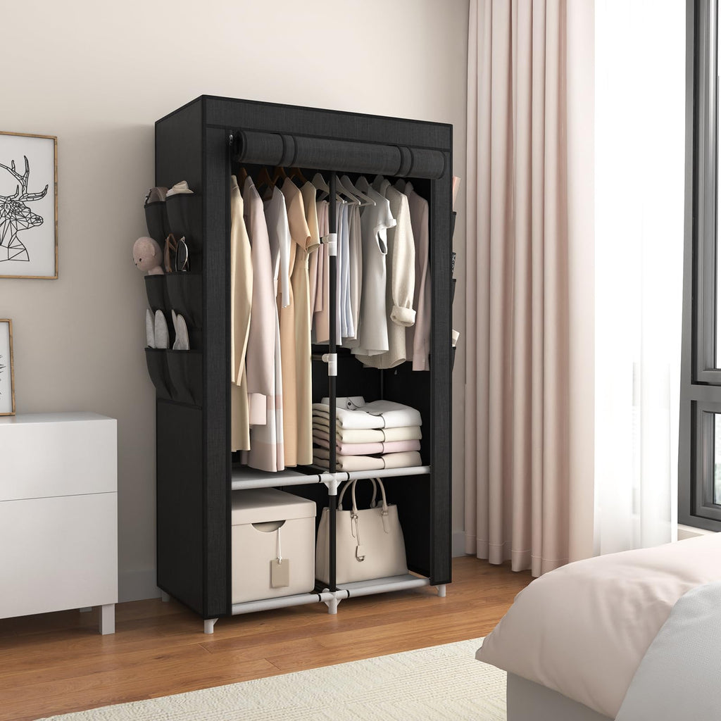 Portable Closet Wardrobe Closet for Hanging Clothes with 4 Storage Shelves, 2 Hanging Rods and 6 Pockets, Stable and