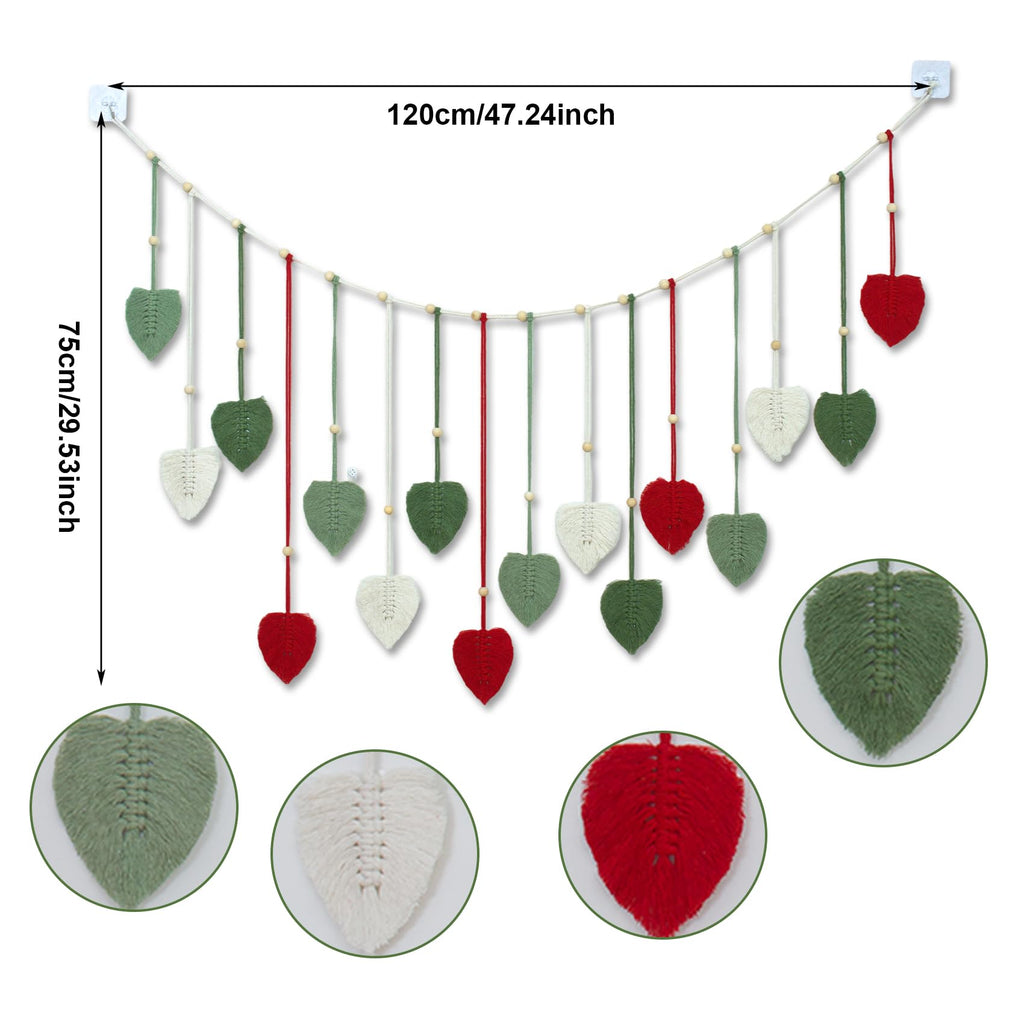 Macrame Leaf Wall Hanging Large, Boho Red and Green Leaves Woven Tapestry Christmas Home Decor, Handcrafted Tassels
