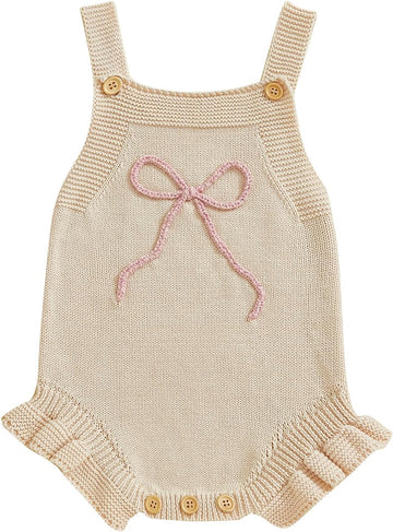 Newborn Baby Girl Clothes Bow Embroidery Romper Sleeveless Knit Romper Jumpsuit Sweater Bodysuit One-Piece Outfit