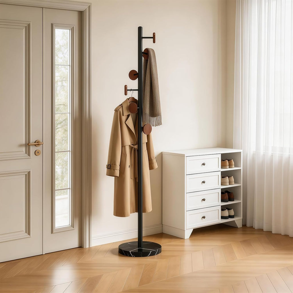 Freestanding Mid-Century Modern Coat Rack | Sturdy metal frame, solid marble base & round wood hooks, great daily