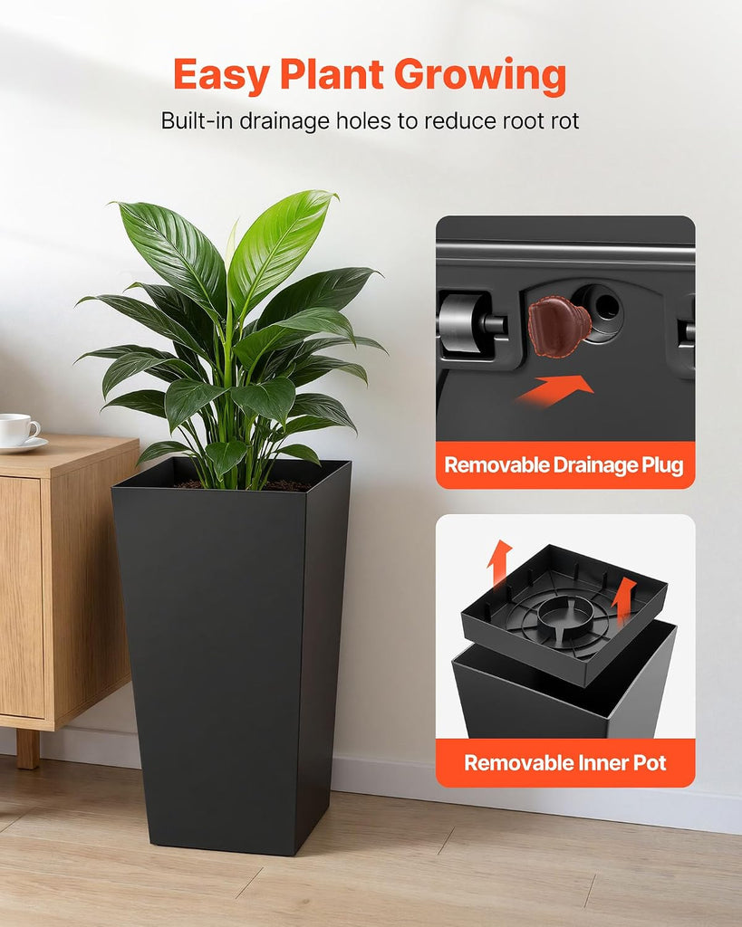 26 Inch Tall Planter Set of 2, Outdoor Large Tall Planters for Outdoor Indoor Plants, Tapered Black Planter for Front