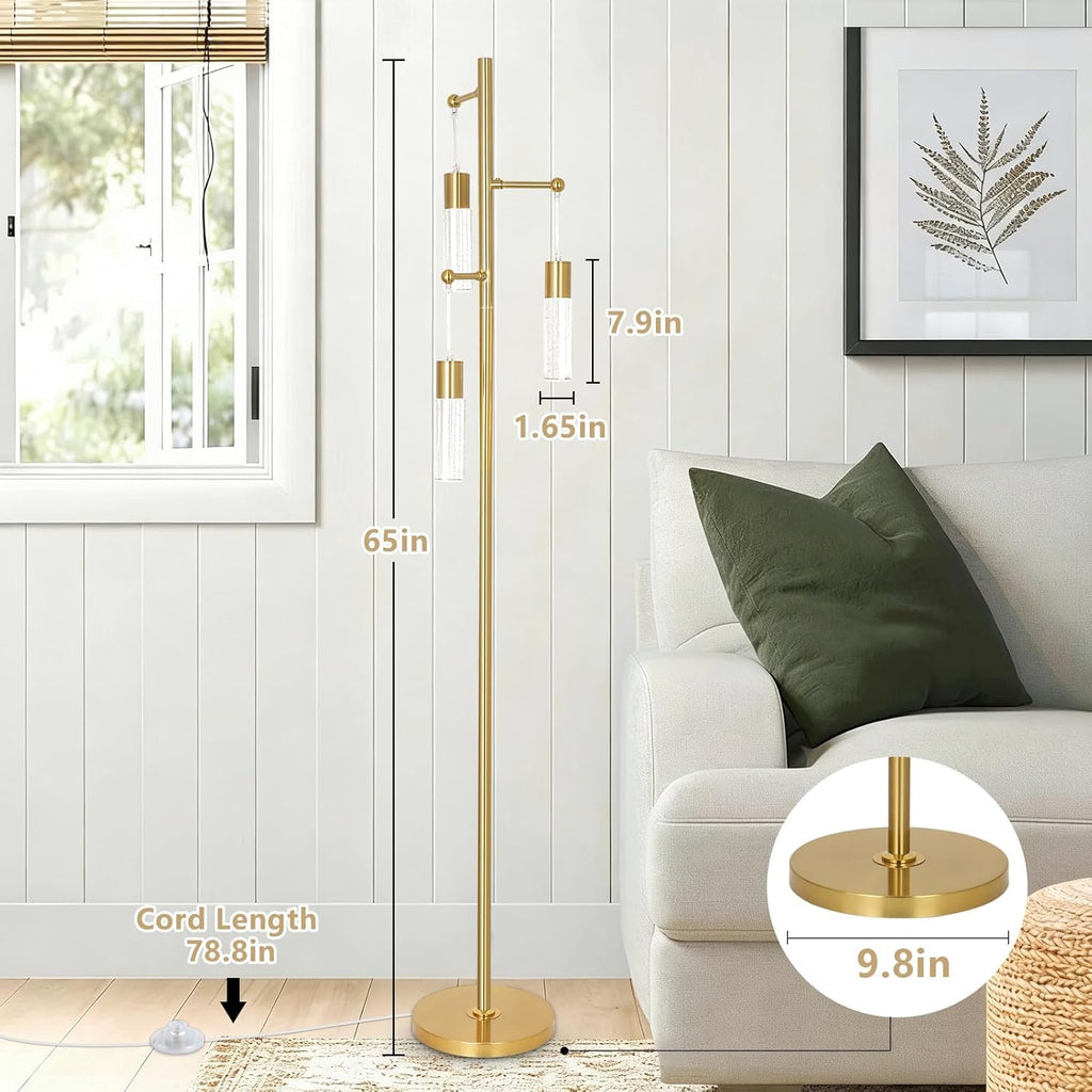 Gold Floor Lamps, Modern Brass Standing Lamp with Bubble Crystal Shades, 3 Built-in LED Lights, ON/Off Foot Switch