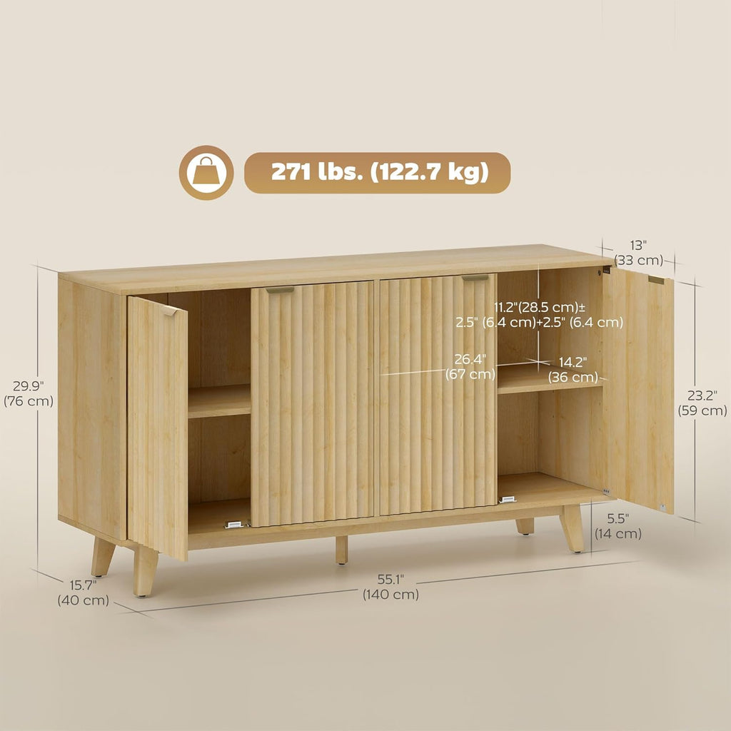 Fluted Sideboard Buffet Cabinet, 55" Modern Accent Console Cabinet with 4 Doors, 2 Adjustable Shelves and 5 Wood Legs