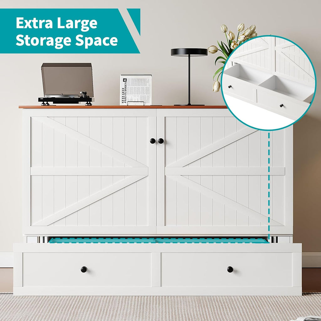 63.4" W Murphy Bed with Tri-Folding Mattress, Queen Murphy Bed with Built-in Charging Station, Queen Murphy Cabinet