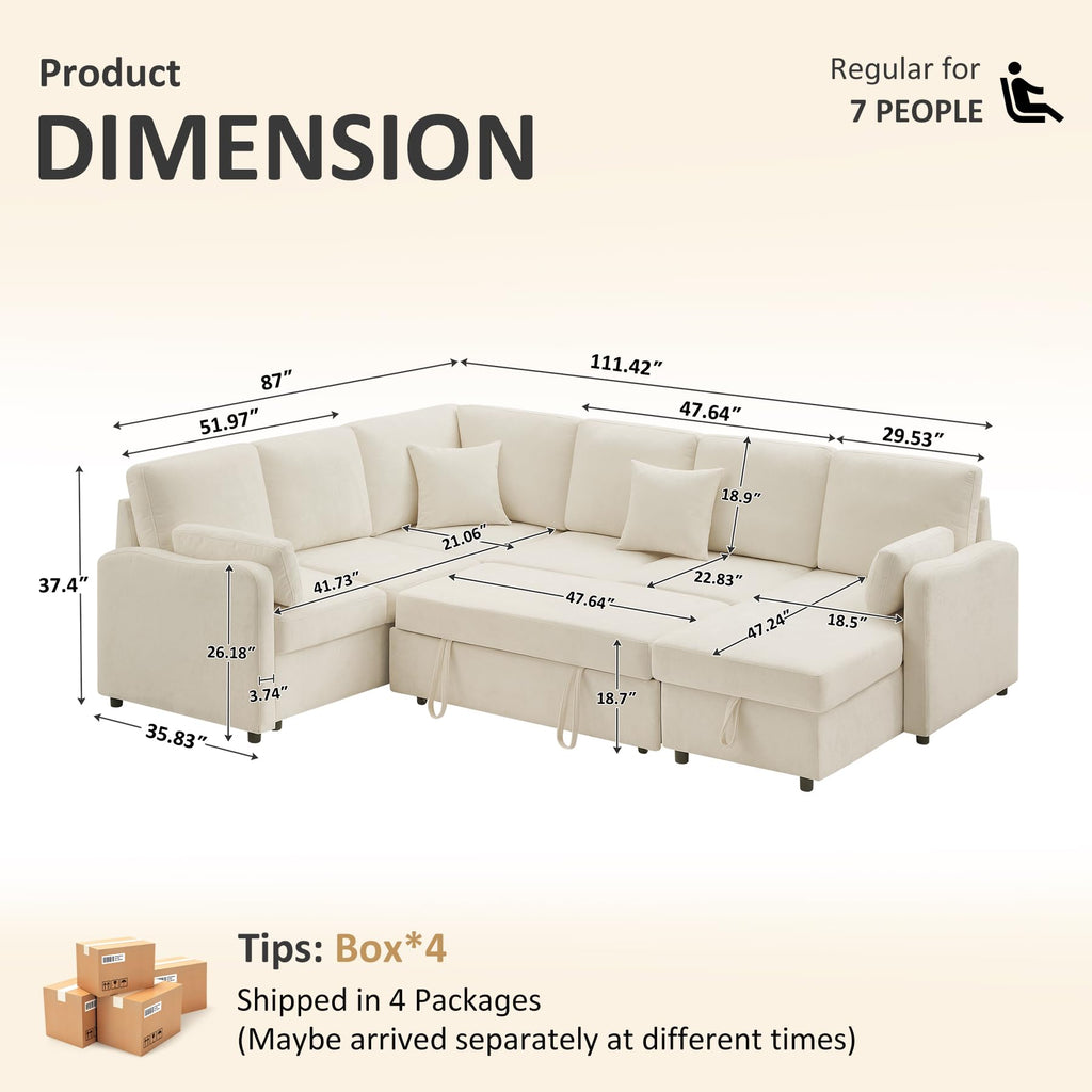 7 Seater 112'' Sectional Sleeper Sofa with Storage, Chenille Beige