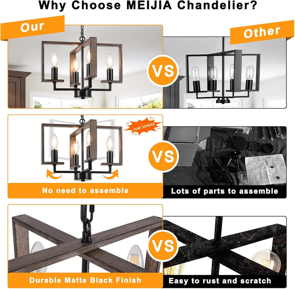 Plug in Chandelier, 4 Light Geometric Hanging Lights with Plug in Cord 15FT & Switch