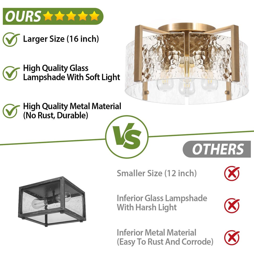 16'' Gold Semi Flush Mount Ceiling Light, 4-Light Glass Drum Light Fixtures