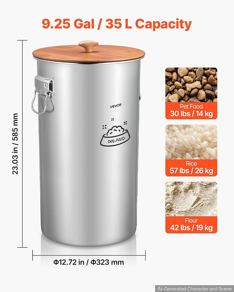 Stainless Steel Dog Food Storage Container 30 lbs/9.25 Gal Capacity