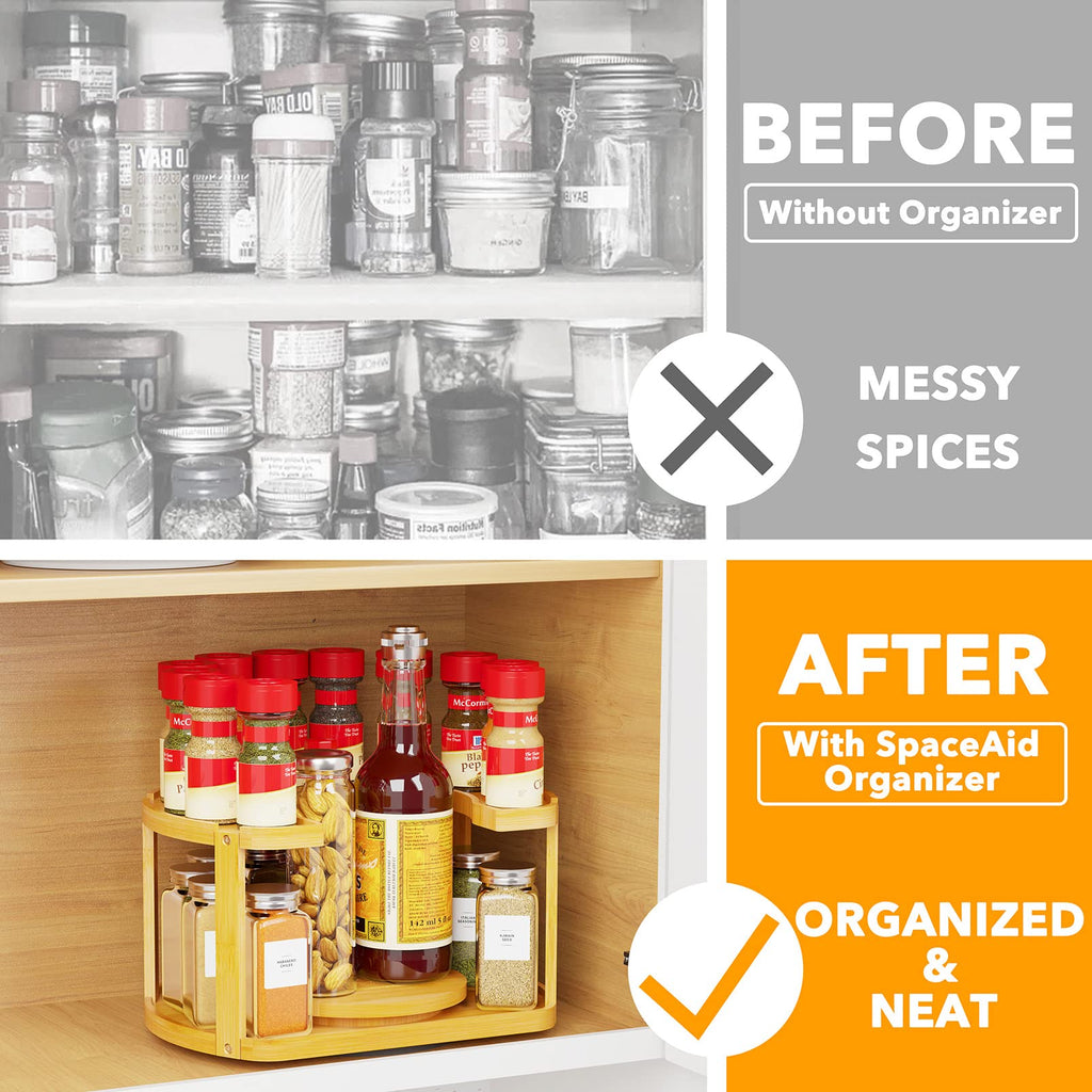2 Tier Bamboo Spice Rack Organizer, Lazy Susan Turntable for Cabinet, Home Kitchen Spices Spinning Rotating Shelf