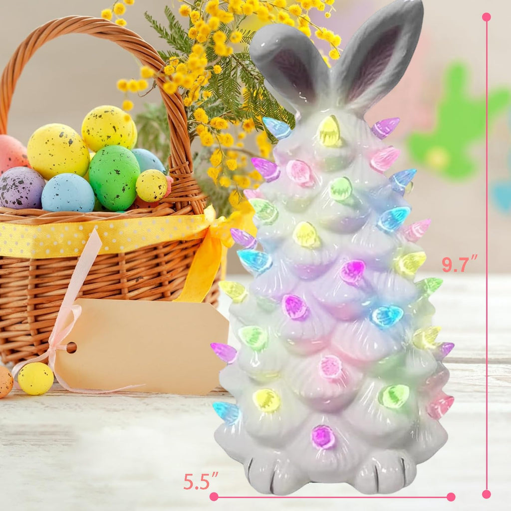 Lighted Easter Bunny Decorations, Ceramic Bunny Tree Figurine Night Lights, 10" Easter Gifts Cute Ornaments Table