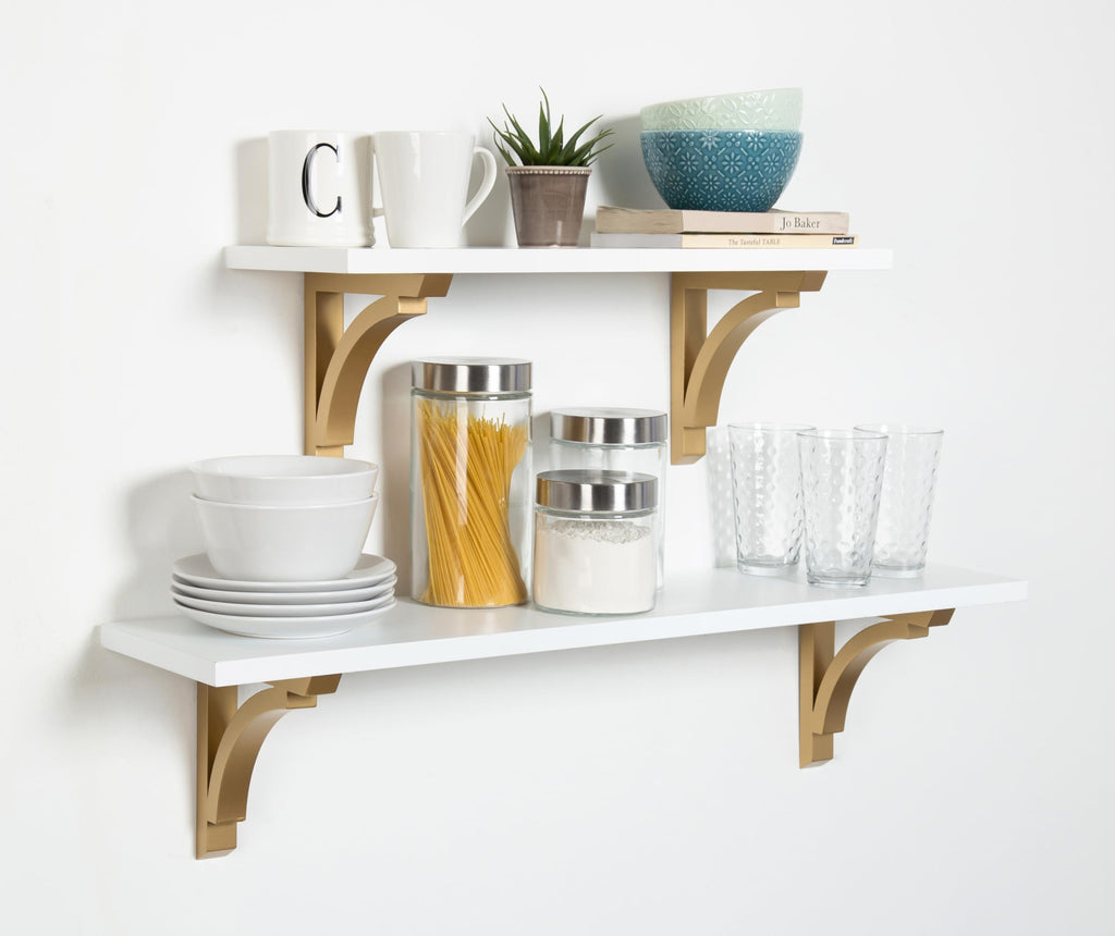 Corblynd Traditional Wood Wall Shelf, 36 inches, White with Gold Corbels