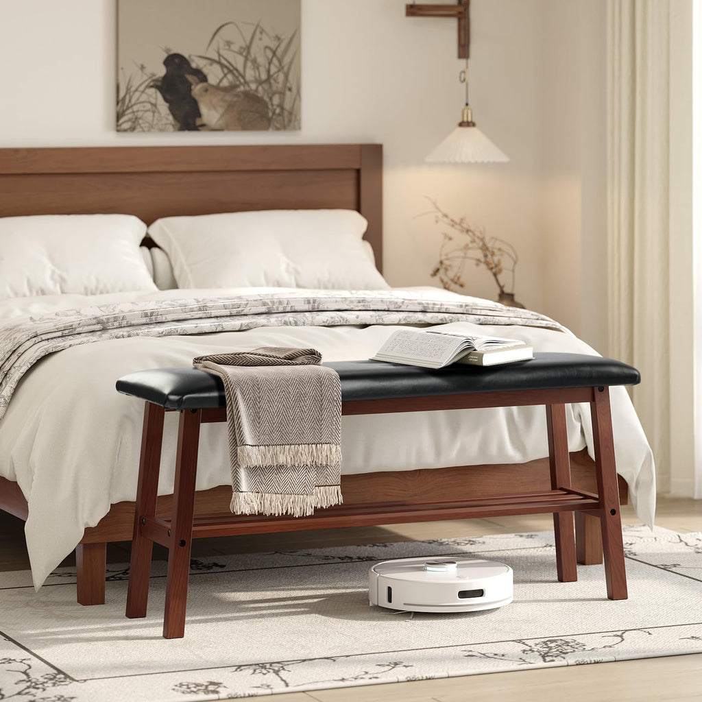 Padded Solid Wood Dining Table Bench with Shoe Rack Storage Walnut
