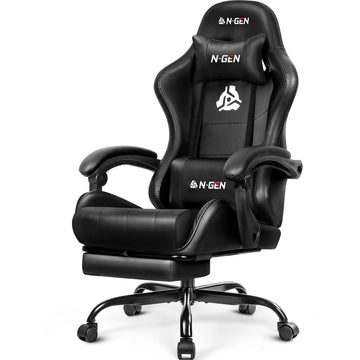 Gaming Chair with Footrest, Lumbar Support, High-Back, Dark Black