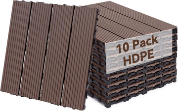 Composite Deck Tiles Interlocking Patio Flooring Outdoor, 10 Pcs 12x12 Inch Durable HDPE Tiles Waterproof, All-Weather